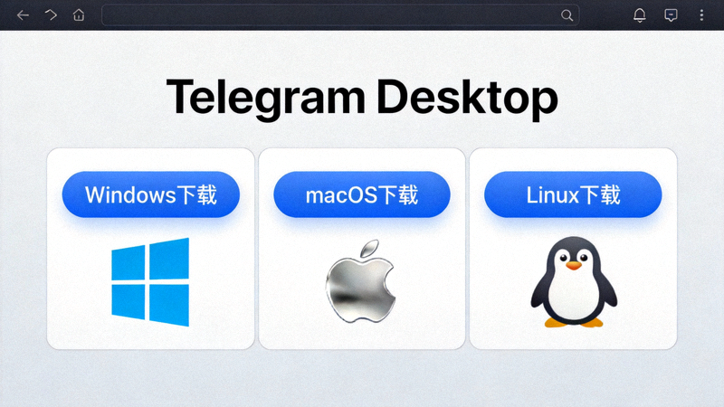 Telegram Desktop 官方下载页面截图 - 显示Windows、macOS、Linux下载选项