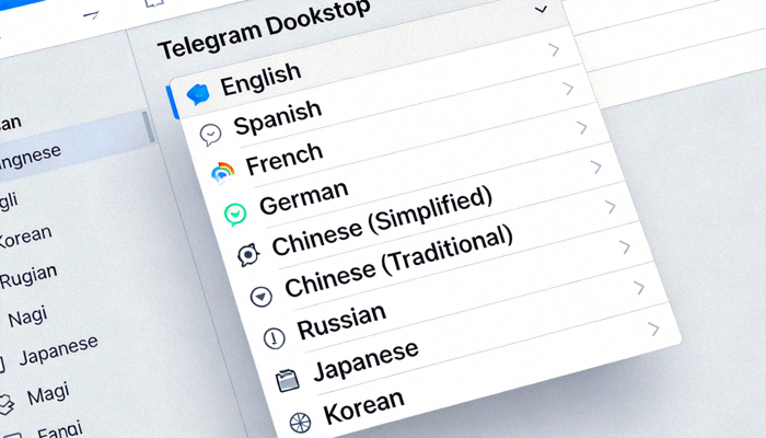 Telegram Desktop 设置界面中语言选择菜单截图 - 显示多种语言选项